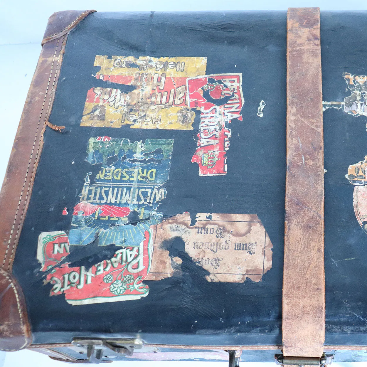 English Victorian Two-Tone Leather Suitcase with Travel Stickers