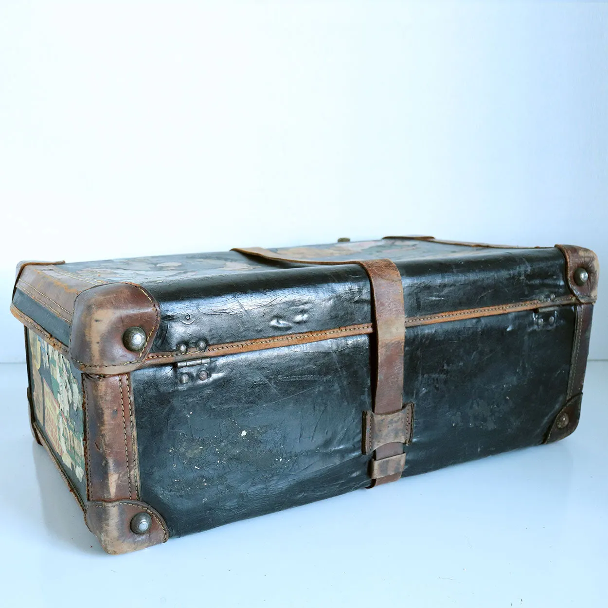 English Victorian Two-Tone Leather Suitcase with Travel Stickers