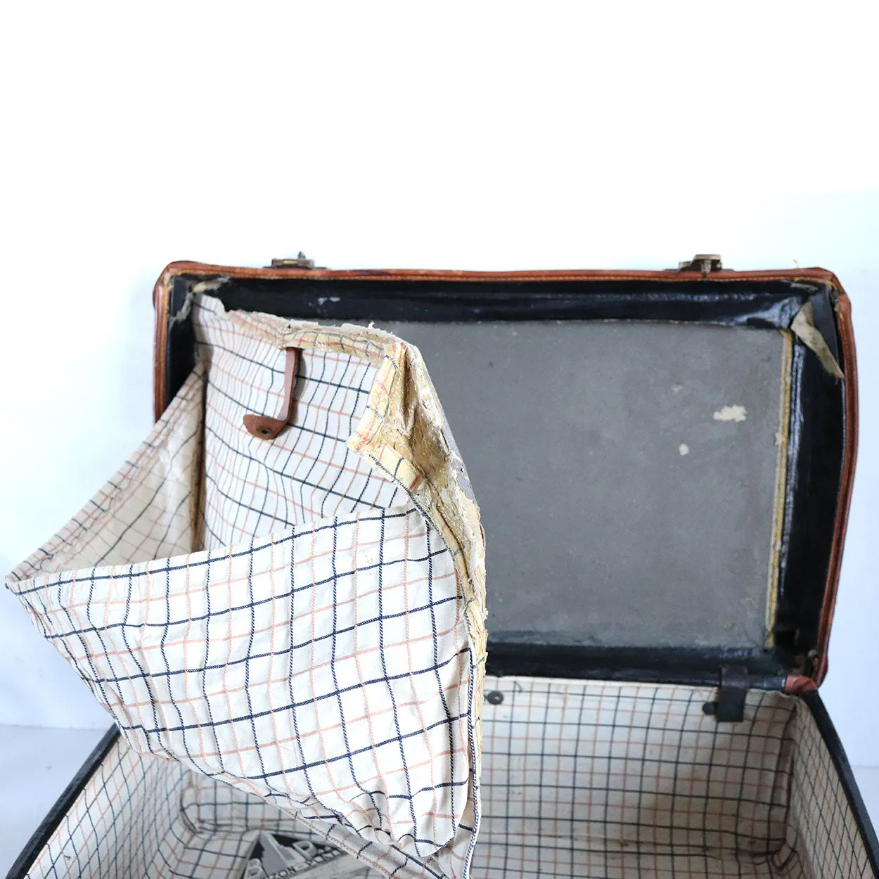 English Victorian Two-Tone Leather Suitcase with Travel Stickers