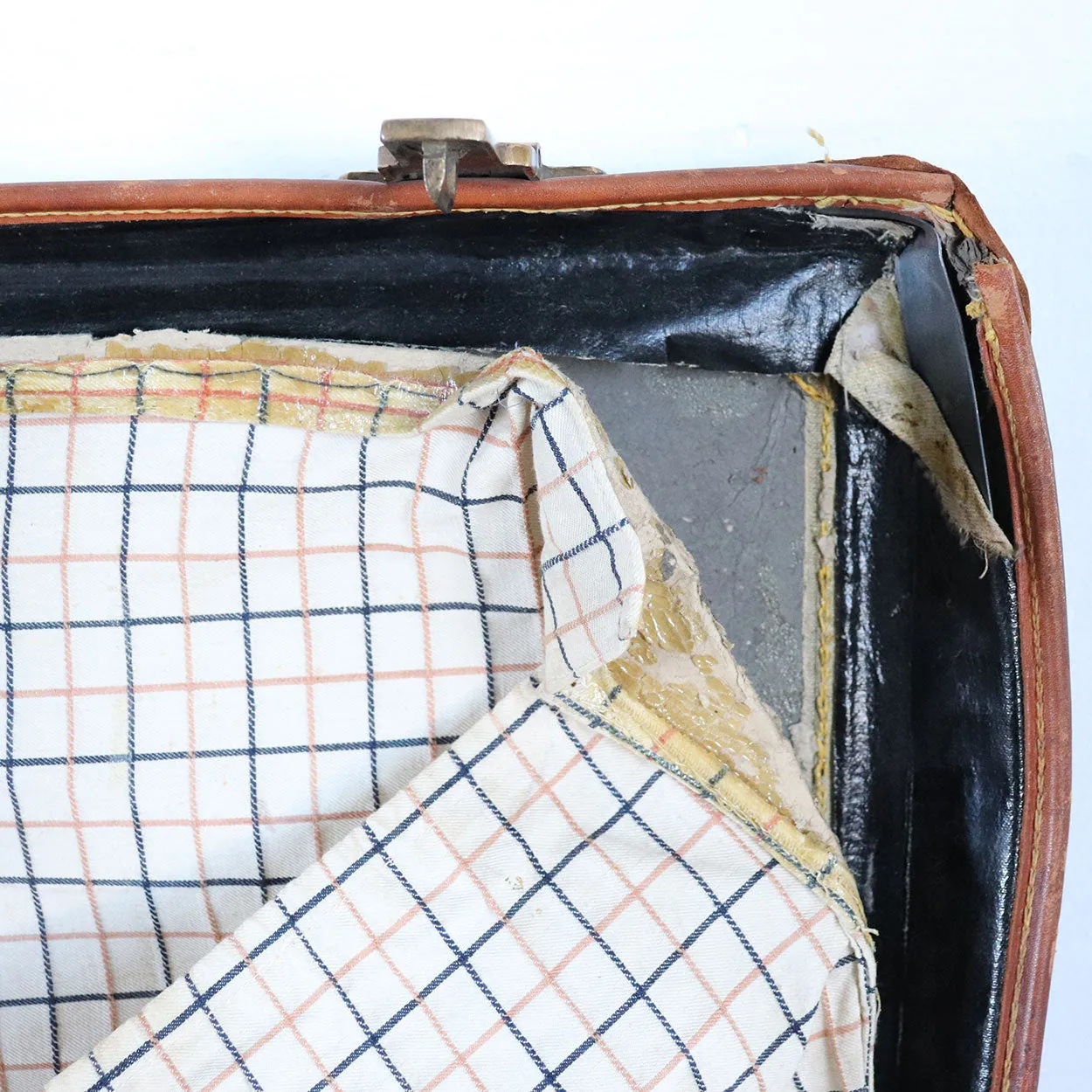 English Victorian Two-Tone Leather Suitcase with Travel Stickers