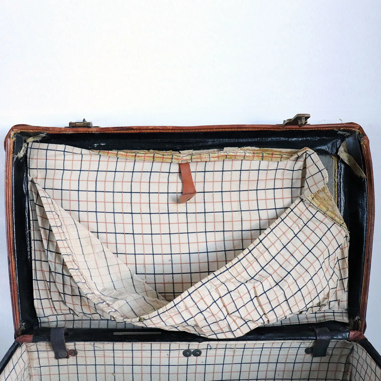 English Victorian Two-Tone Leather Suitcase with Travel Stickers