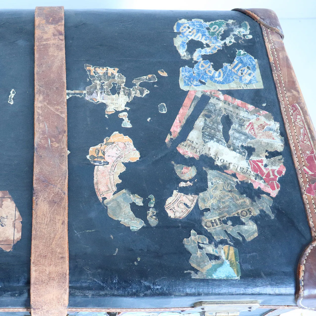 English Victorian Two-Tone Leather Suitcase with Travel Stickers
