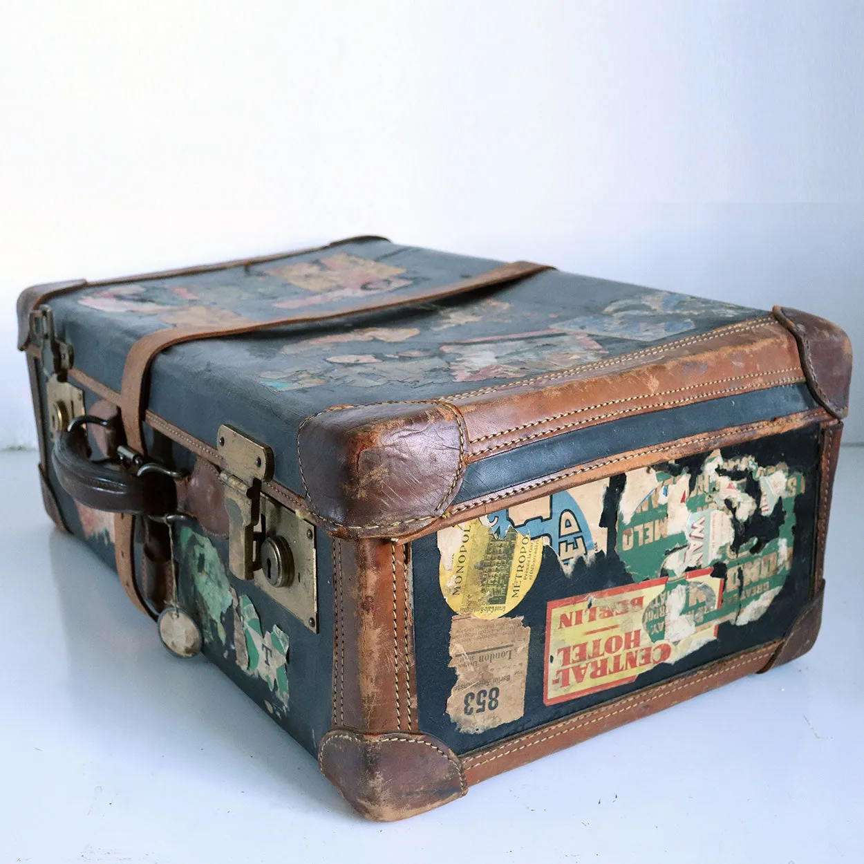 English Victorian Two-Tone Leather Suitcase with Travel Stickers