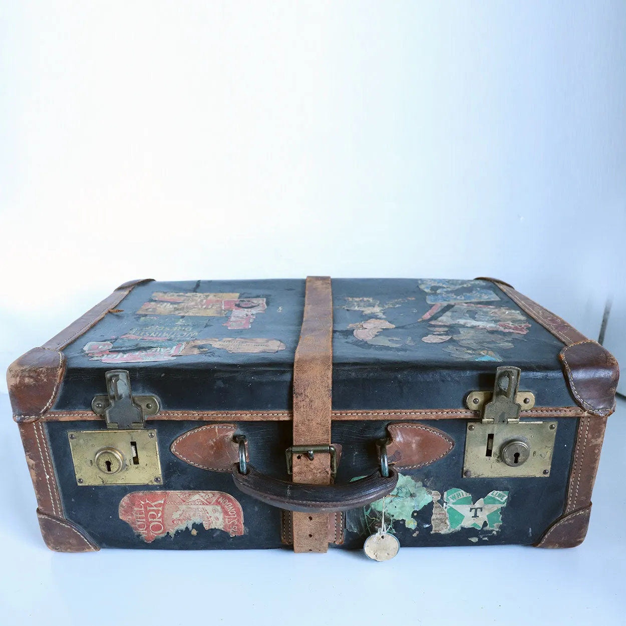 English Victorian Two-Tone Leather Suitcase with Travel Stickers