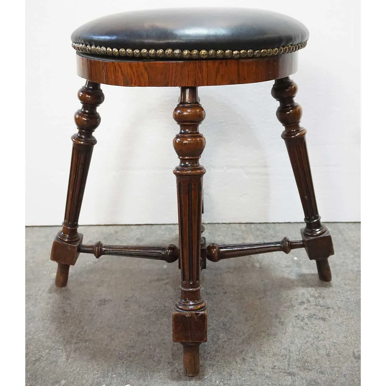 French Rosewood and Black Nailhead Leather Round Piano Stool