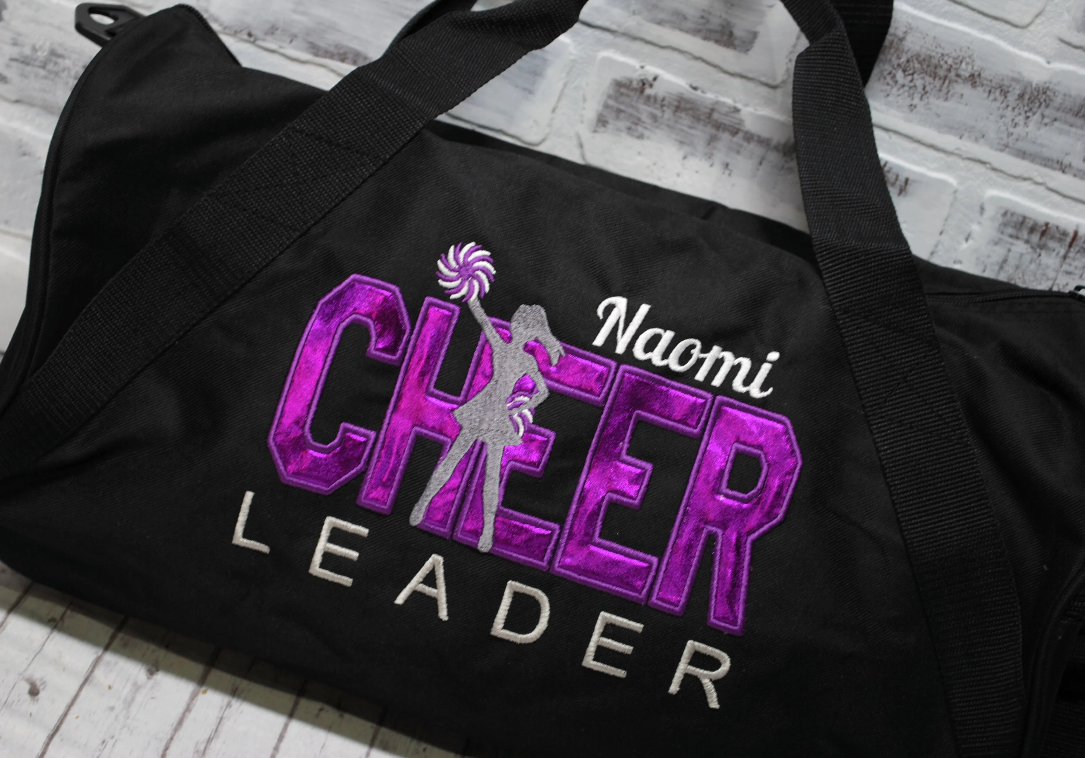 Fushia Purple Shimmer on Black Personalized Cheer Tote or Duffle Bag