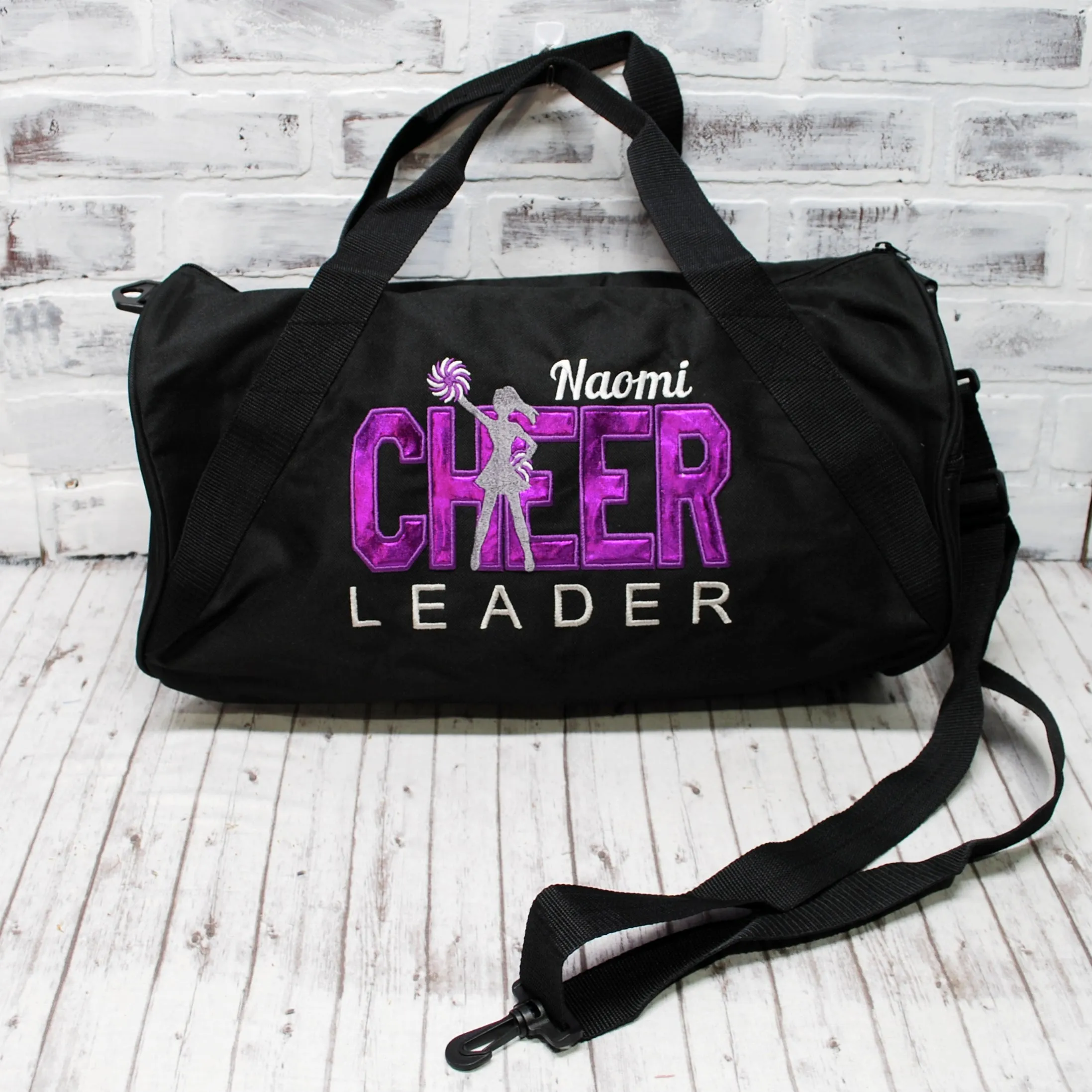 Fushia Purple Shimmer on Black Personalized Cheer Tote or Duffle Bag
