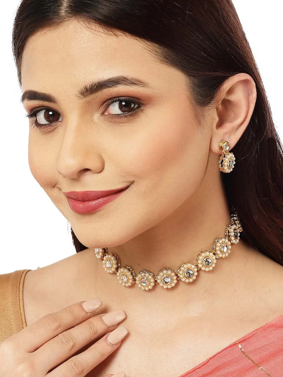Gold-Plated White Kundan-Studded Beaded Jewellery Set
