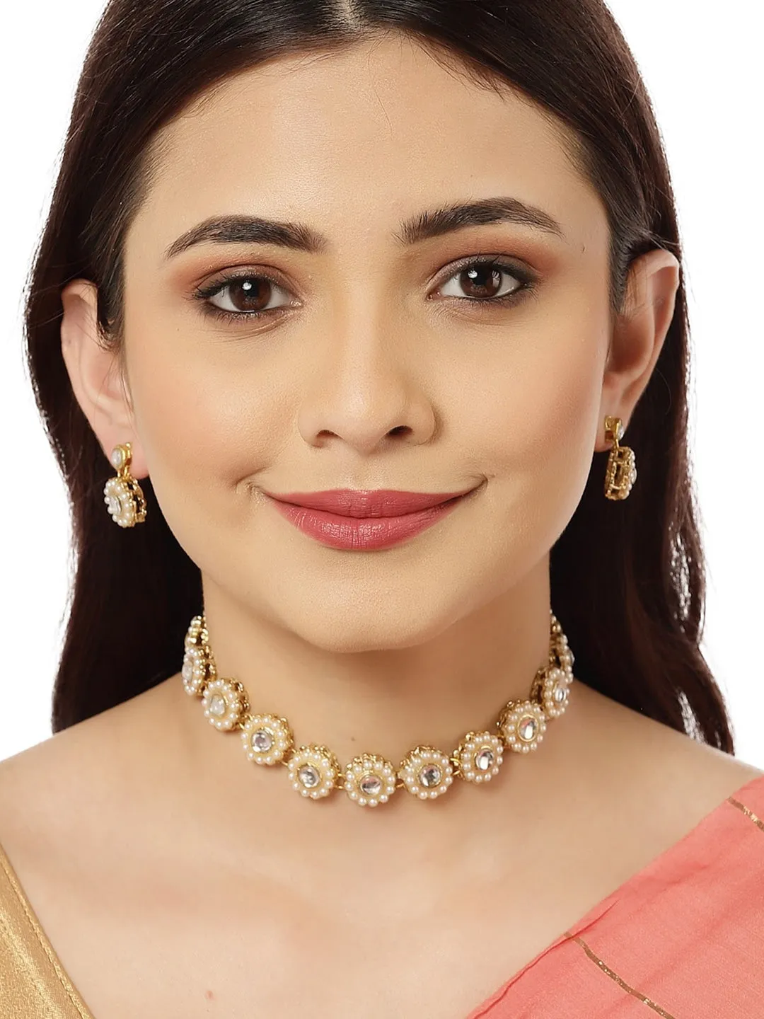 Gold-Plated White Kundan-Studded Beaded Jewellery Set