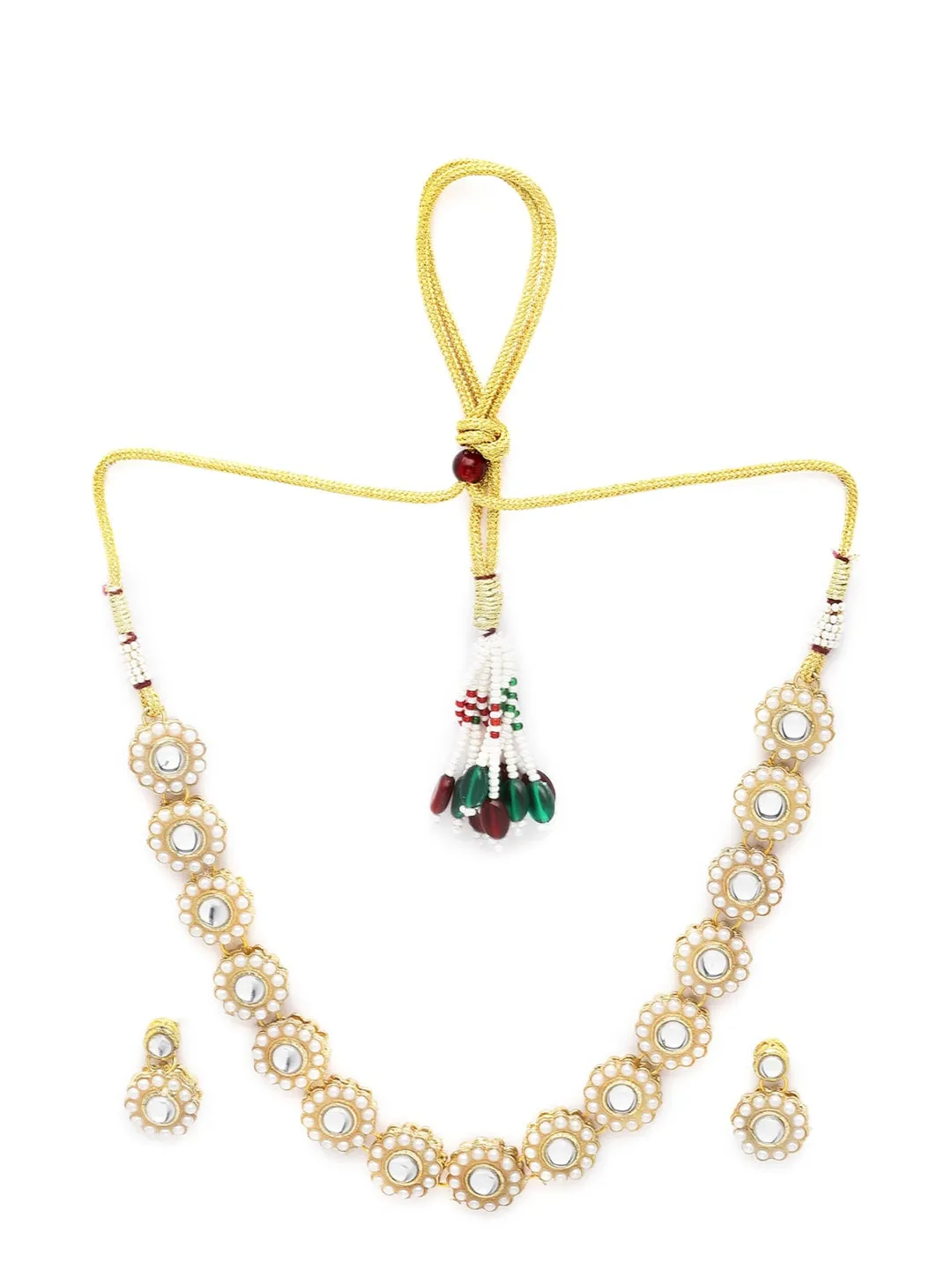 Gold-Plated White Kundan-Studded Beaded Jewellery Set