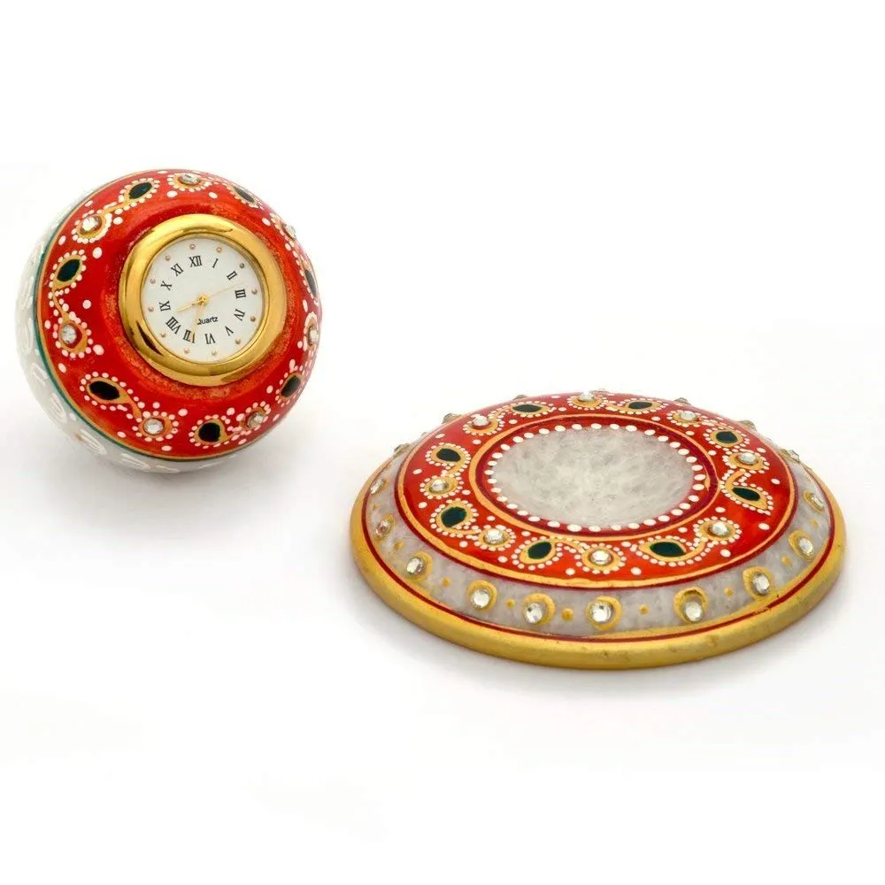 Golden Painted Marble Clock with Meenakari Work