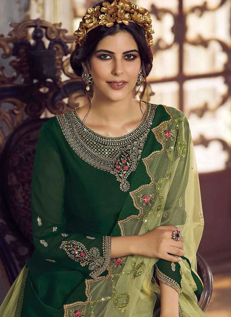 Green and Gold Heavy Embroidered Lehenga/ Pant Style Suit
