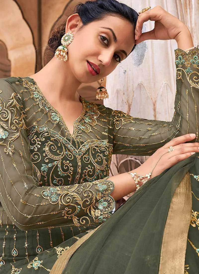 Green Gold Heavy Embroidered Lehenga Style Anarkali