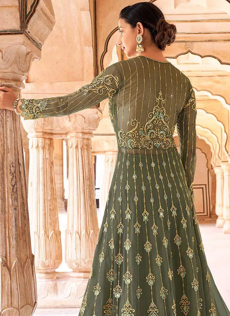 Green Gold Heavy Embroidered Lehenga Style Anarkali