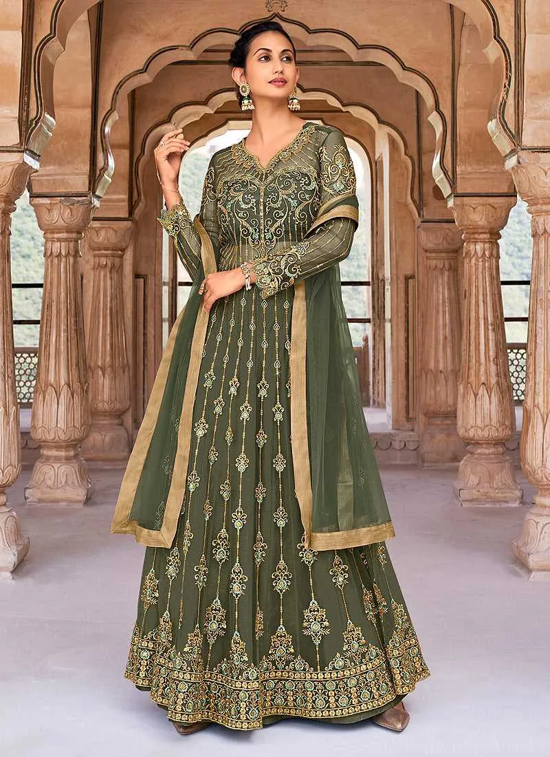 Green Gold Heavy Embroidered Lehenga Style Anarkali