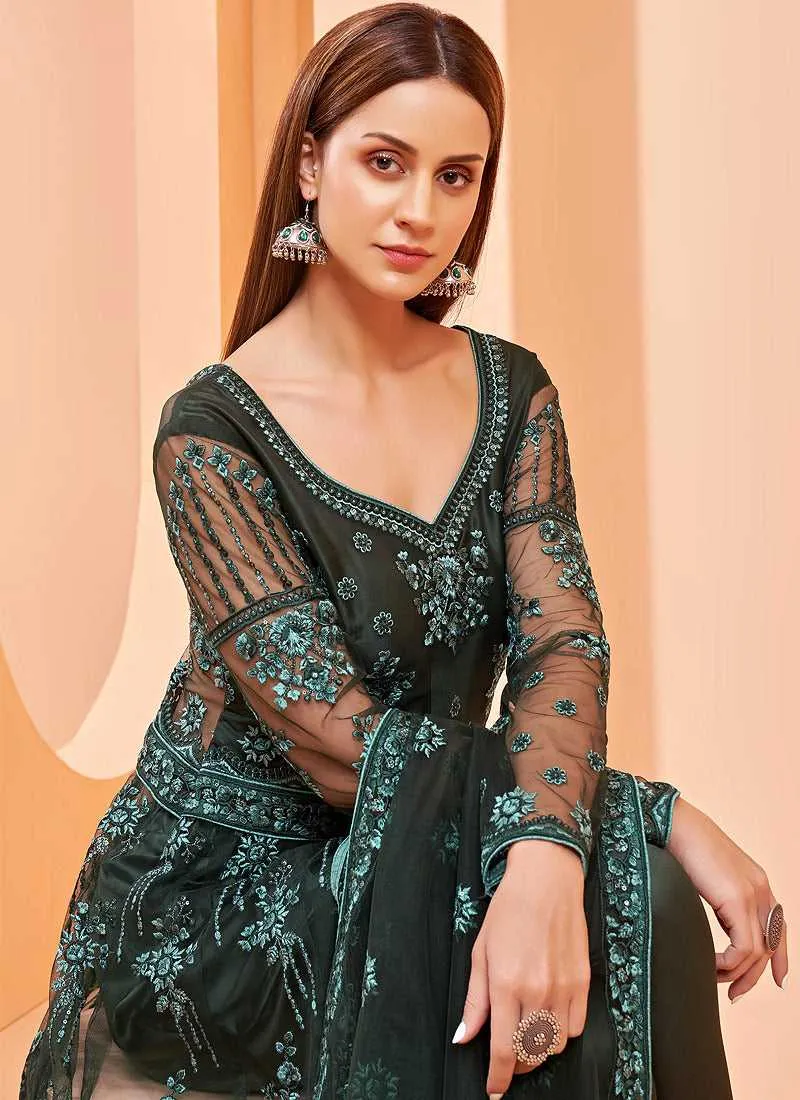 Green Heavy Designer Embroidered Lehenga/ Pant Style Anarkali
