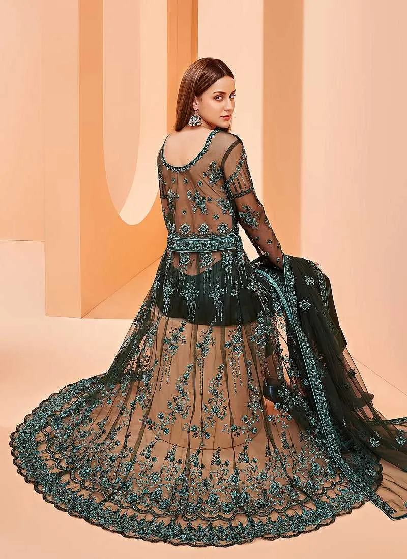 Green Heavy Designer Embroidered Lehenga/ Pant Style Anarkali