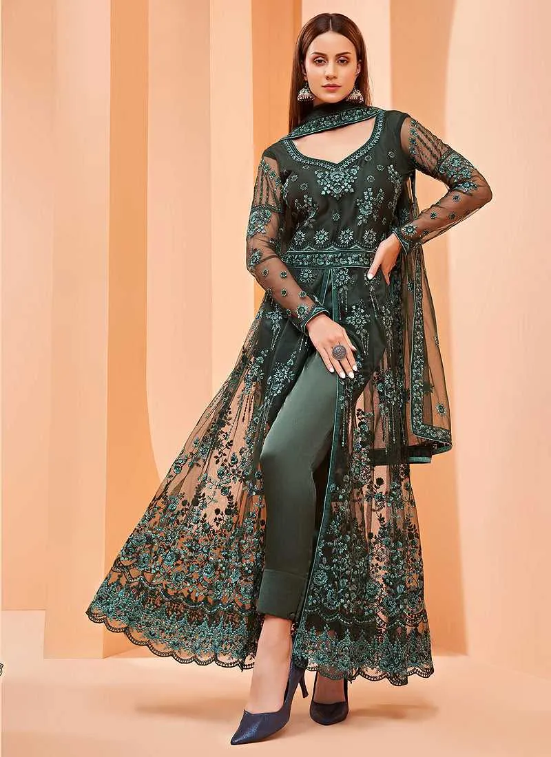 Green Heavy Designer Embroidered Lehenga/ Pant Style Anarkali