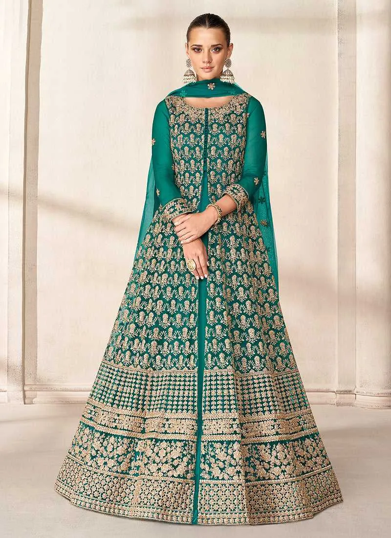 Green Heavy Embroidered High Slit Style Anarkali