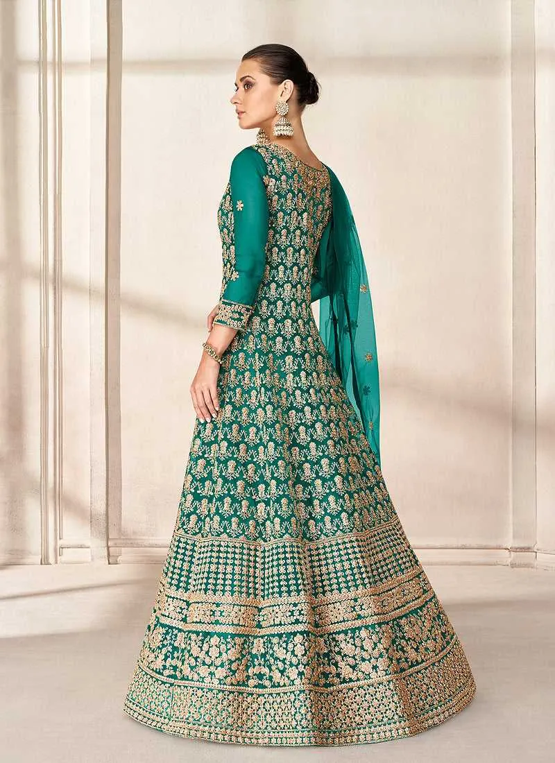 Green Heavy Embroidered High Slit Style Anarkali