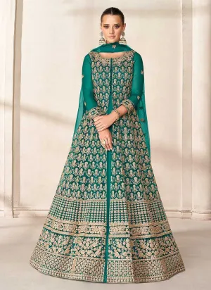 Green Heavy Embroidered High Slit Style Anarkali
