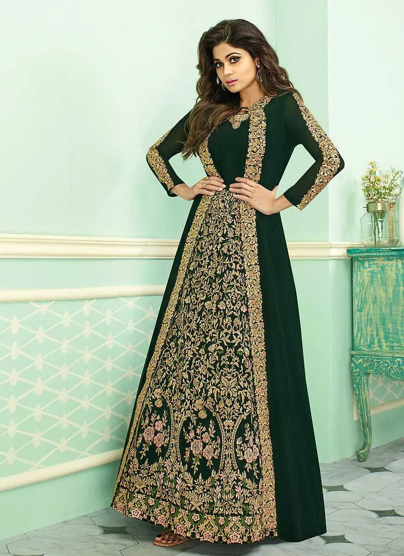 Green Heavy Embroidered Jacket Style Anarkali Suit