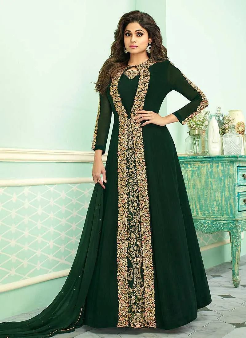Green Heavy Embroidered Jacket Style Anarkali Suit