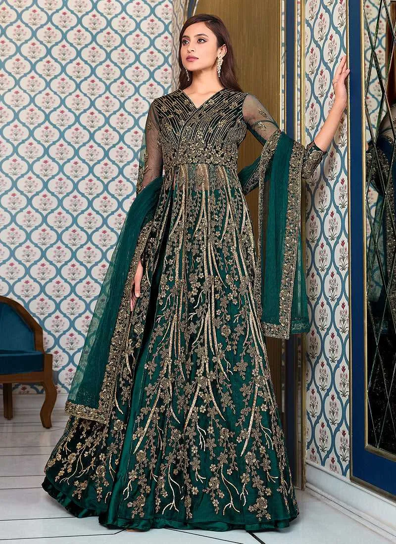 Green Heavy Embroidered Slit Lehenga/ Pant Style Anarkali