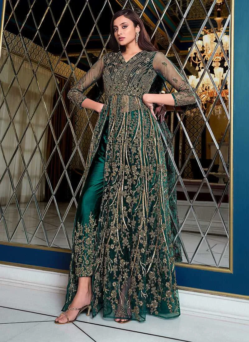 Green Heavy Embroidered Slit Lehenga/ Pant Style Anarkali
