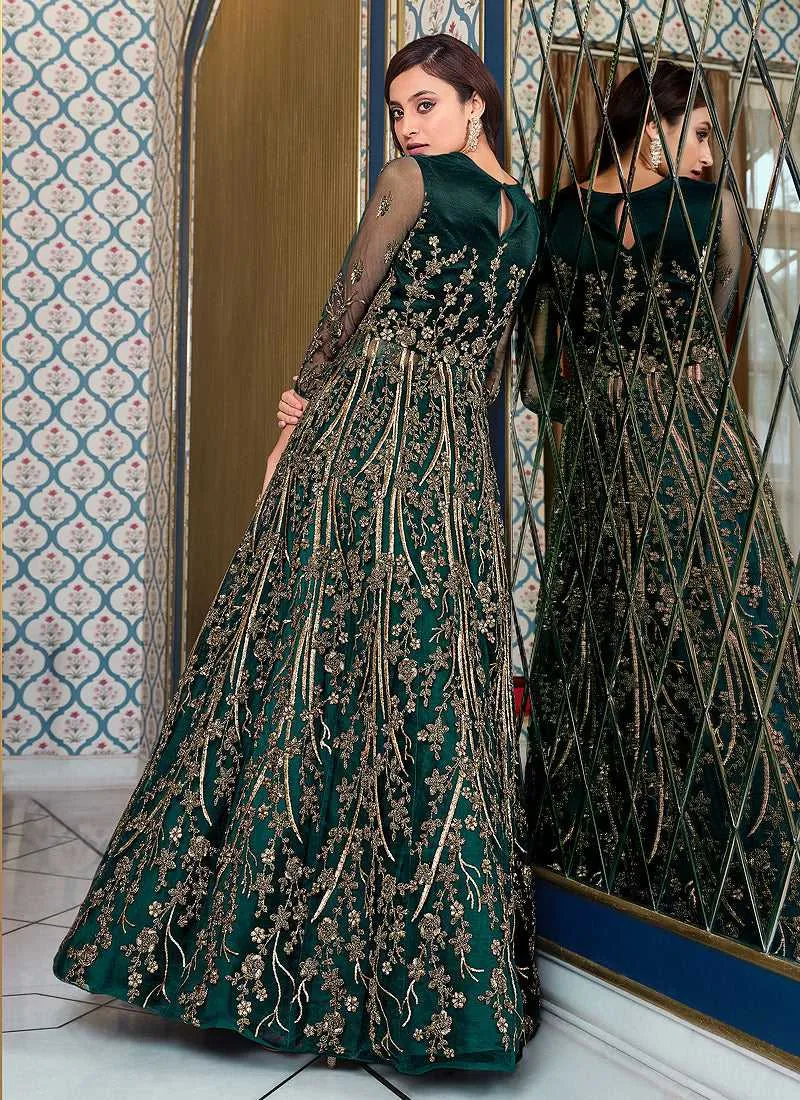 Green Heavy Embroidered Slit Lehenga/ Pant Style Anarkali