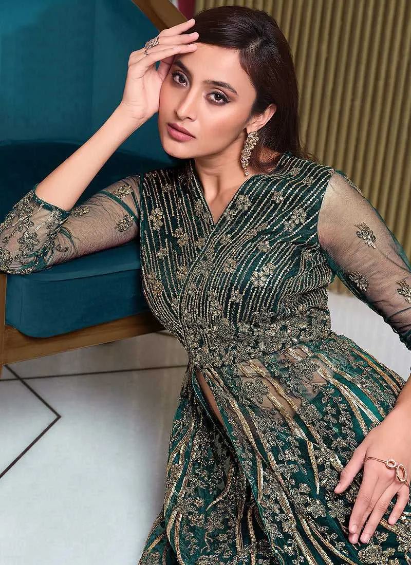 Green Heavy Embroidered Slit Lehenga/ Pant Style Anarkali