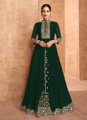Green Heavy Embroidered Slit Style Lehenga Anarkali