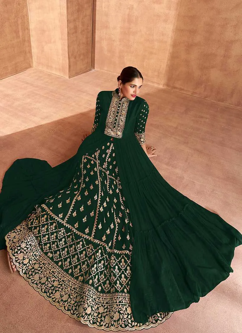 Green Heavy Embroidered Slit Style Lehenga Anarkali