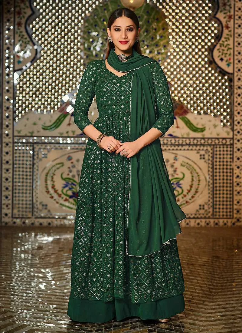 Green Sequin Embroidered Lehenga Style Anarkali