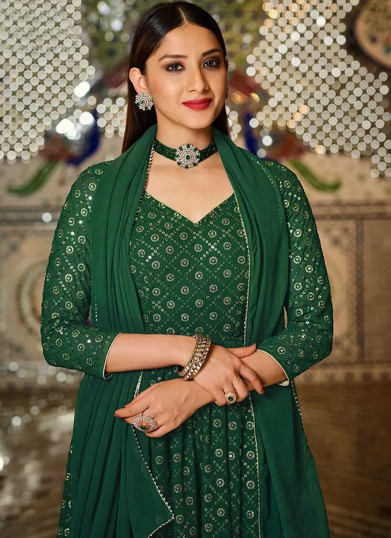 Green Sequin Embroidered Lehenga Style Anarkali