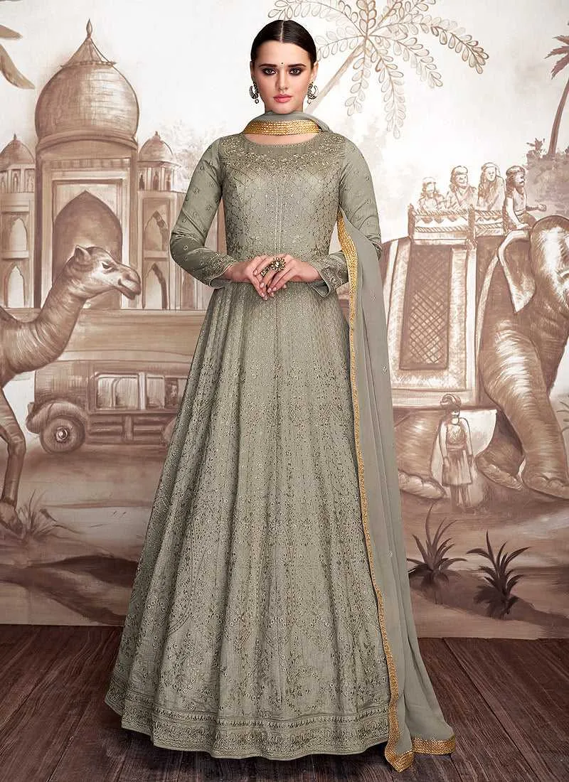 Grey Heavy Embroidered Anarkali Suit