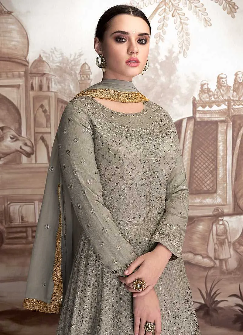 Grey Heavy Embroidered Anarkali Suit