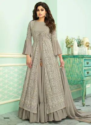 Grey Heavy Embroidered Jacket Style Anarkali Suit
