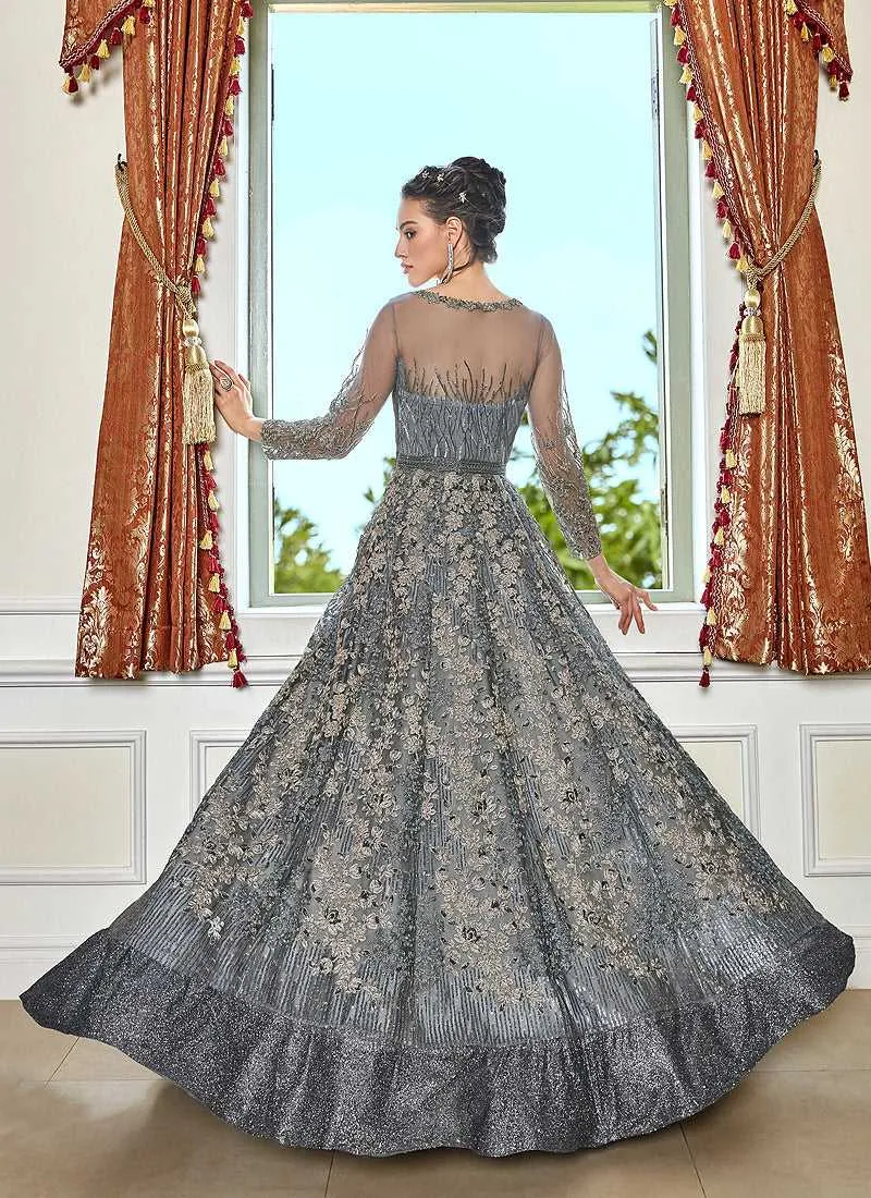 Grey Heavy Embroidered Lehenga/ Pant Style Anarkali