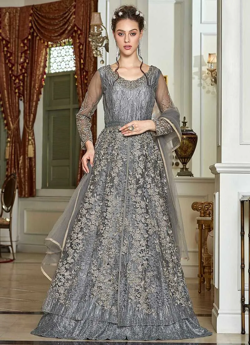 Grey Heavy Embroidered Lehenga/ Pant Style Anarkali