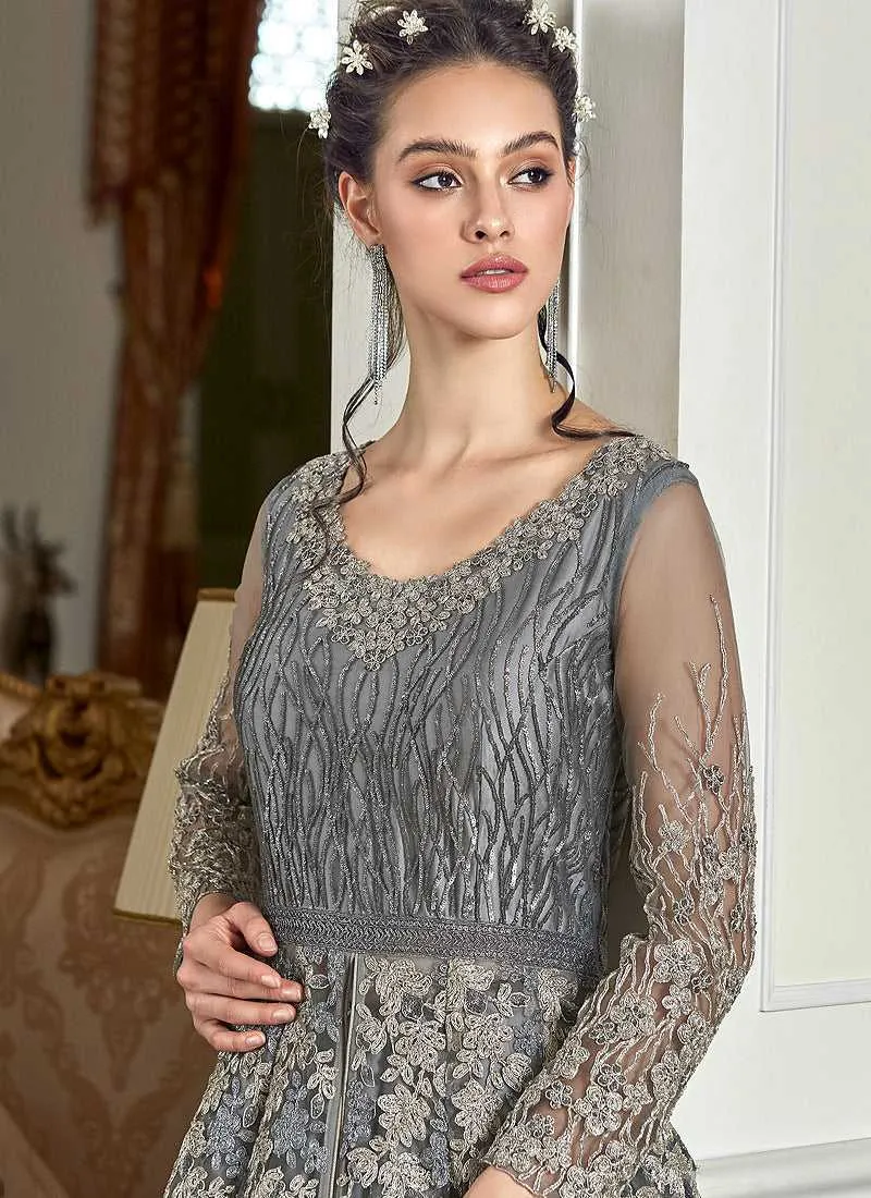 Grey Heavy Embroidered Lehenga/ Pant Style Anarkali