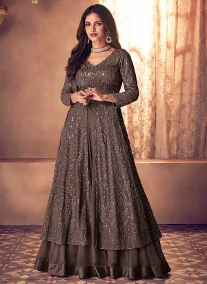 Grey Sequins Embroidered Slit Style Anarkali