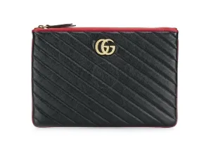 Gucci Calfskin GG Marmont Quilted Leather Pouch in Black with Red Trim