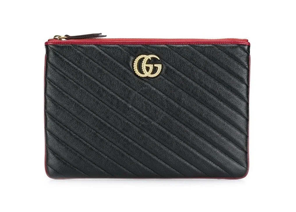 Gucci Calfskin GG Marmont Quilted Leather Pouch in Black with Red Trim