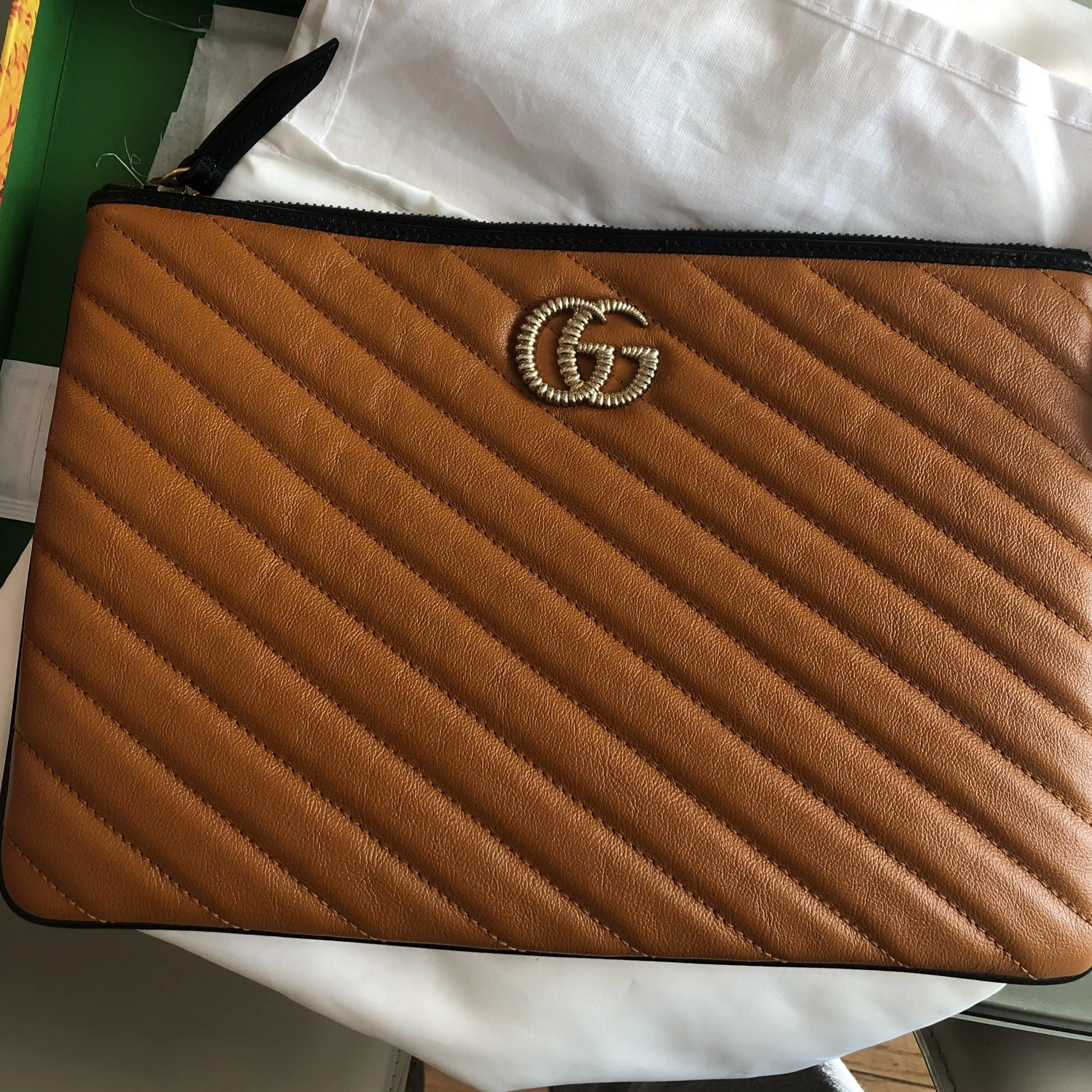 Gucci Calfskin GG Marmont Quilted Leather Pouch in Vaccha Brown