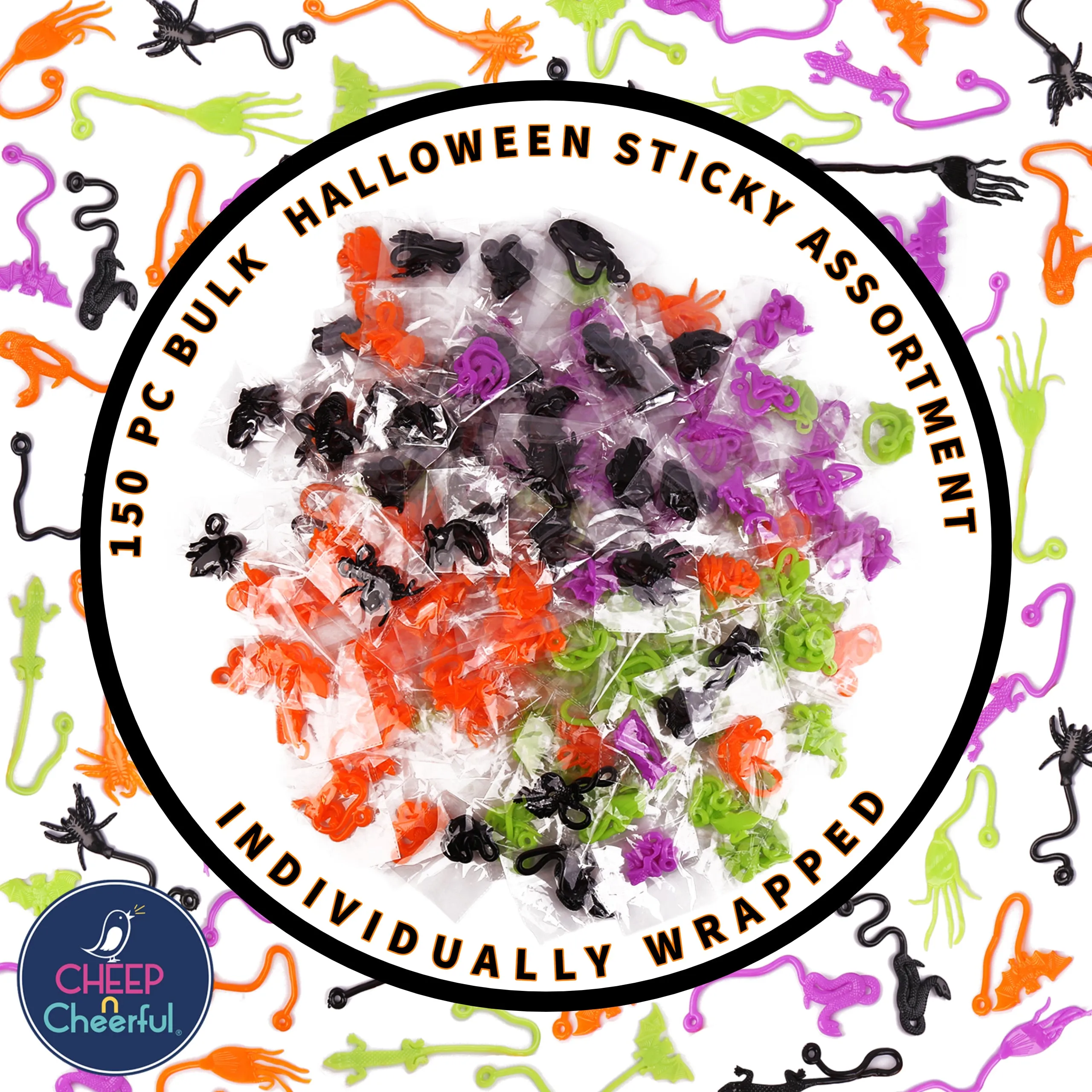 Halloween Jumbo Sticky Assortment Bulk Value Bundle, Large Sticky Spiders, Bats, Snakes, 150 Pcs