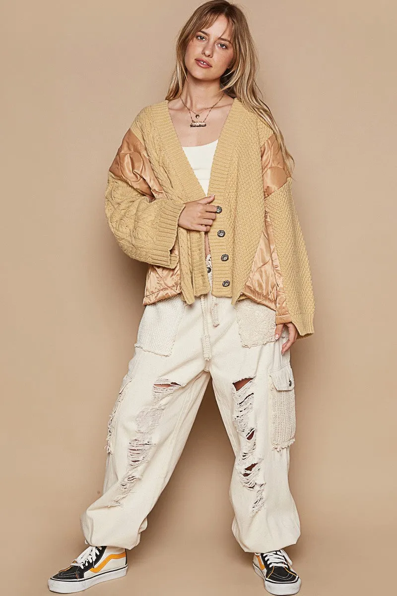 Hazel Blues® |  POL Quilting Patch Button Up Cable Knit Jacket