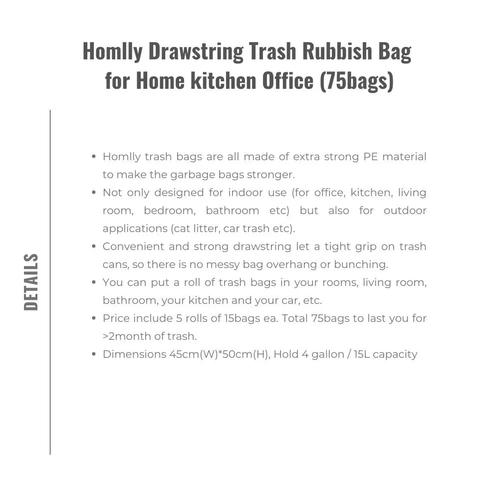 Homlly Drawstring Trash Rubbish Bag for Home kitchen Office (75bags)