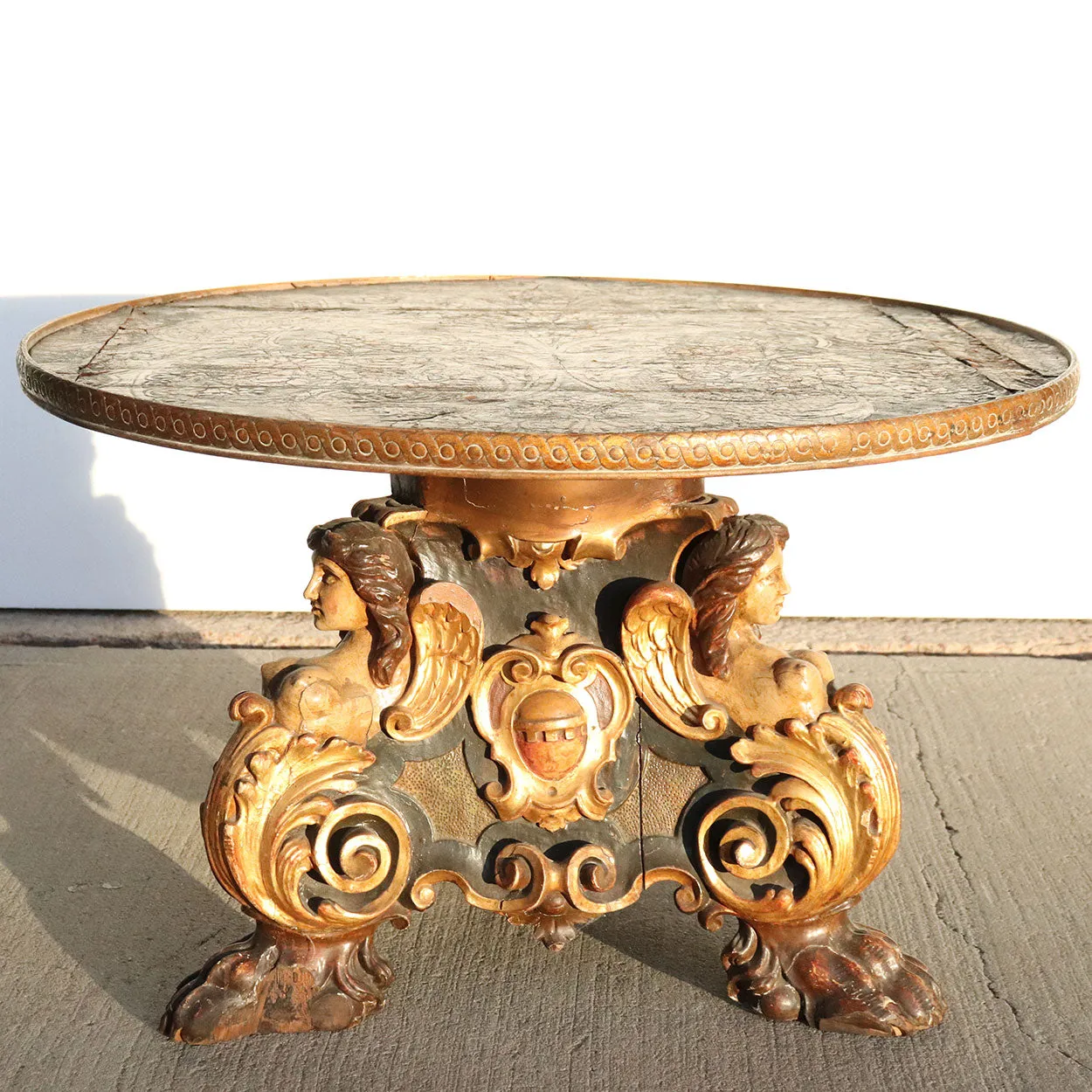 Italian Painted Pine and Embossed Leather Round Pedestal Coffee Table