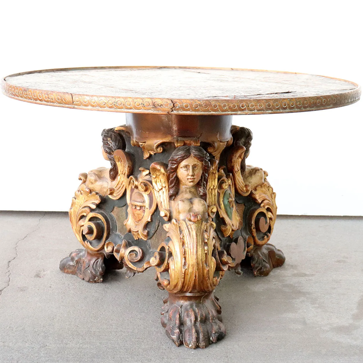 Italian Painted Pine and Embossed Leather Round Pedestal Coffee Table